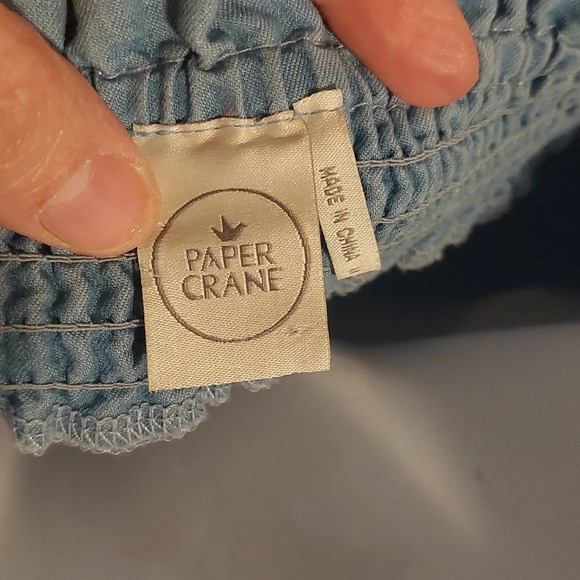 Paper Crane Smocked lightweight denim mini Tunic Sundress off shoulder M blue - Picture 8 of 8